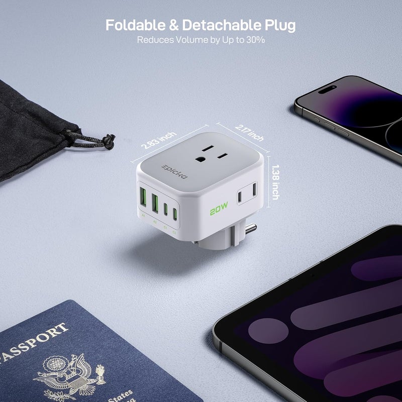 EPICKA Hybrid International Power Adapter for US to German & France, Foldable & Detachable Type EF VisaPlug, 8-in-1 Travel Plug Adapter with 4 USB Ports (2 USB-C PD 20W), Travel Dormestic Essentials - Image 5